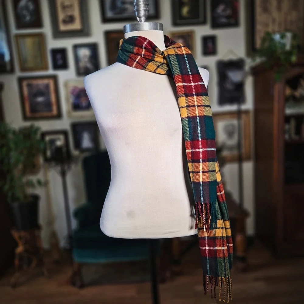Tartan Scarf Plaid Cashmere Blend Italy Design Red Green Yellow Fringe Winter